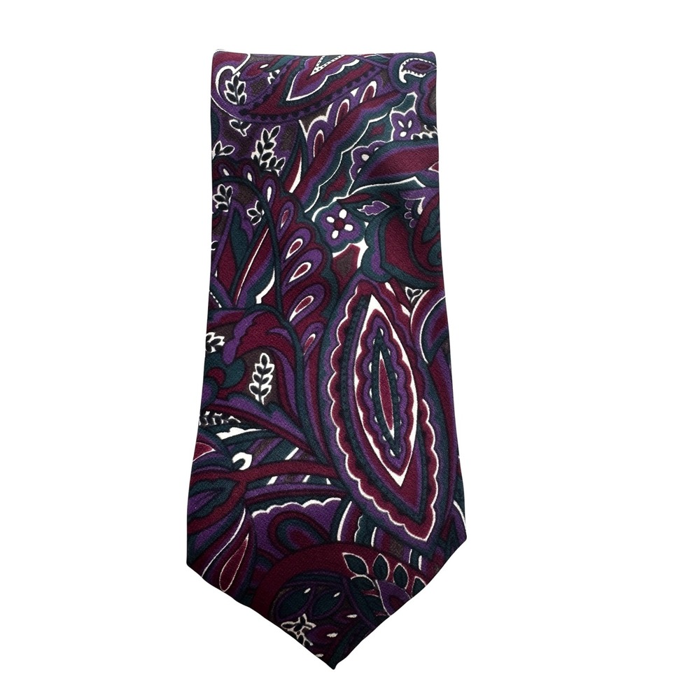 Vintage Robert Stewart 100% Silk Neck Tie Bohemian Paisley Burgundy Purple Green